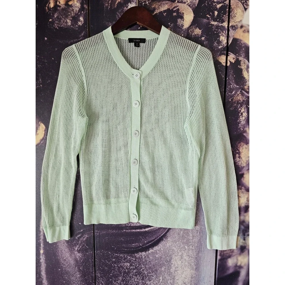 J Crew Pointelle Stitch Mint Green‎ Open Knit Mesh Button Front Cardigan Size M